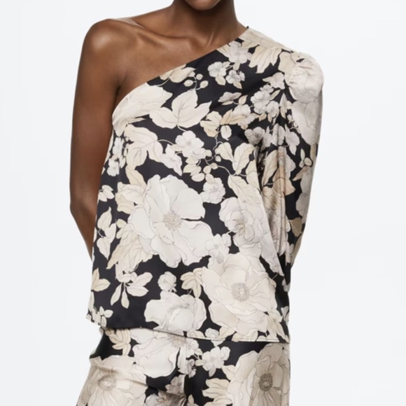 Mango Tops - Mango Floral One Shoulder Blouse Size 6 Black European Summer Lightweight Top